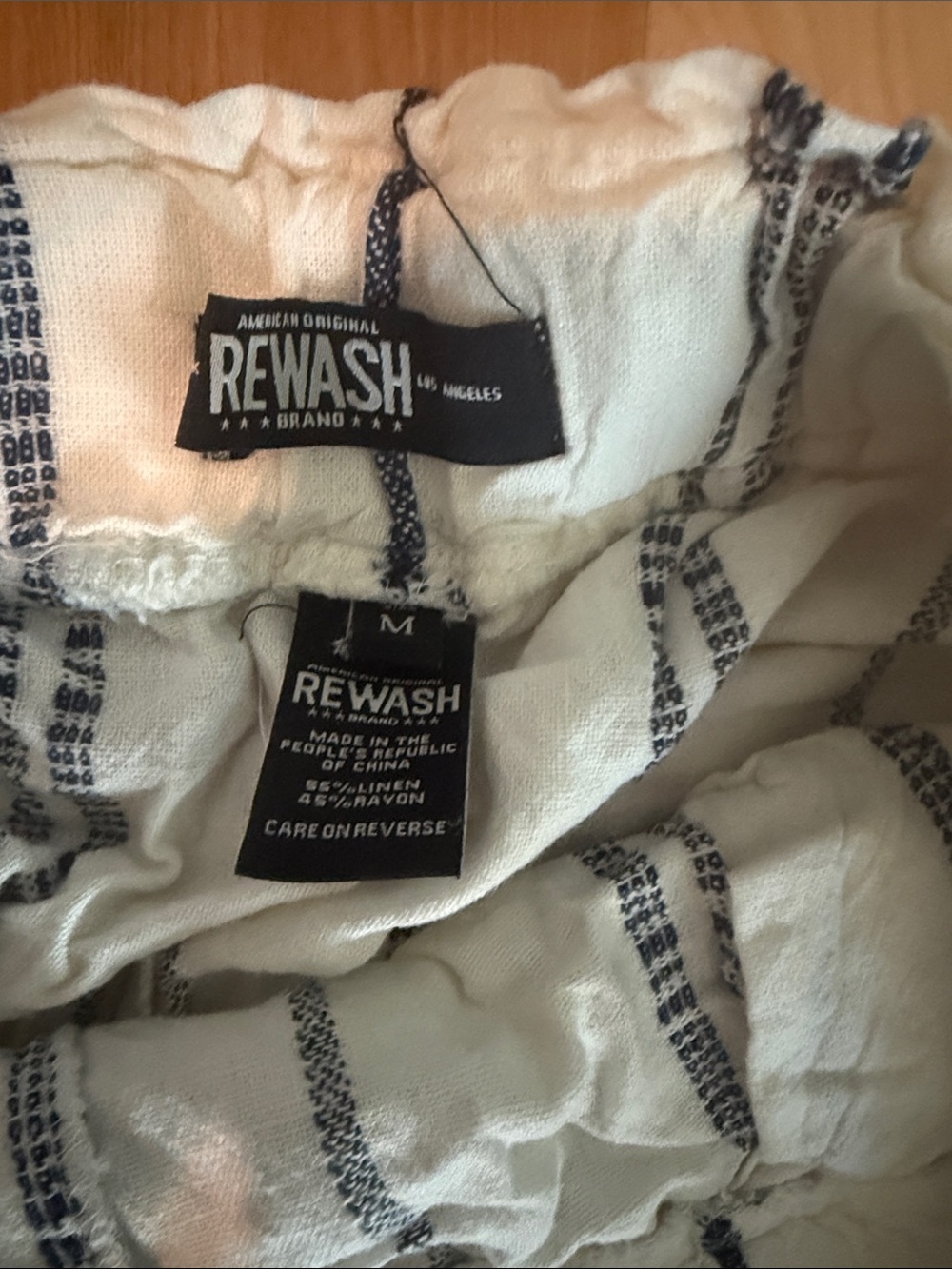 Linen White Pants with Navy Vertical Stripes and Raw Hem M - Picture 2 of 3